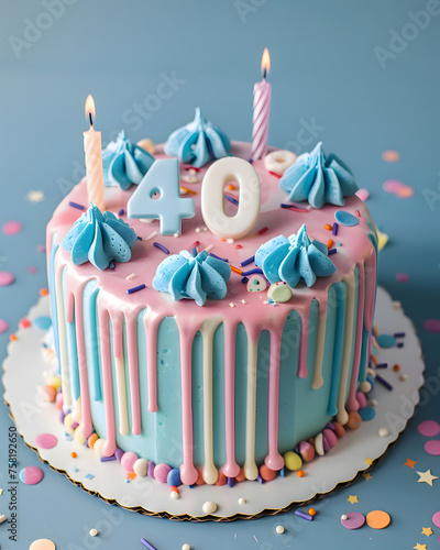 A festive delicious birthday cake with number 40 candle - Forty Years photo