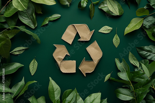The kraft paper recycle symbol on a green background with green leaves. Concept of the Environment World Earth Day