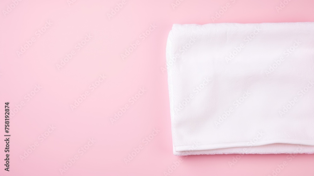 White cotton towels on a pink background. Bathroom decor and accessories.