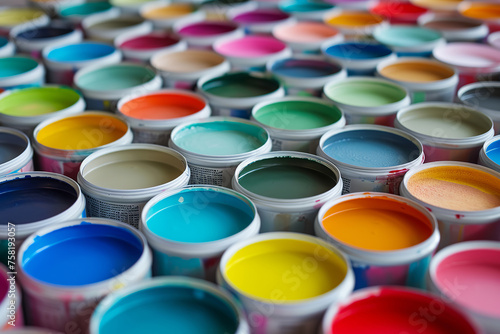 Different colors of paints in cans or colorful paint background. Concept of home repair and renovation supplies.