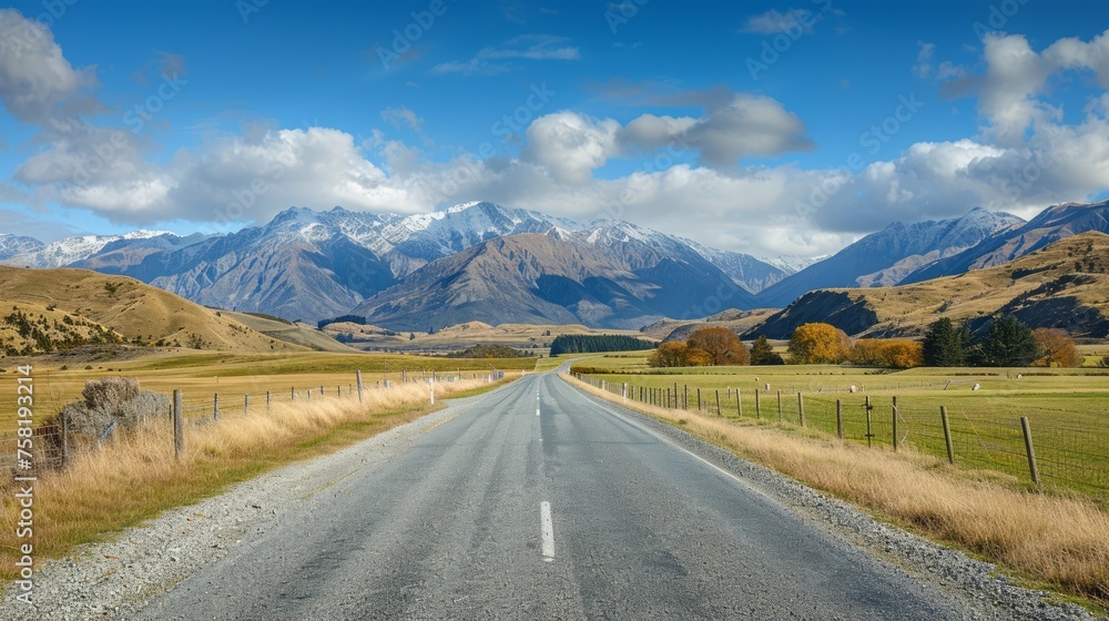Naklejka premium Scenic drive: queenstown to wanaka via crown range, capturing the majestic landscape of rocky mountains and serene grasslands