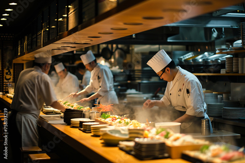 Professional chef cooking in the kitchen Japanese restaurant at the hotel. Restaurant kitchen crew in action.