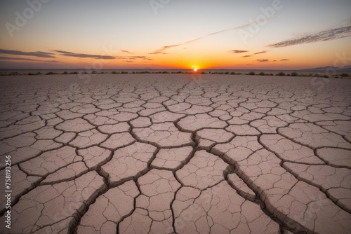 Global warming concept. Oceans drought cracked landscape on colorful sunset sky.