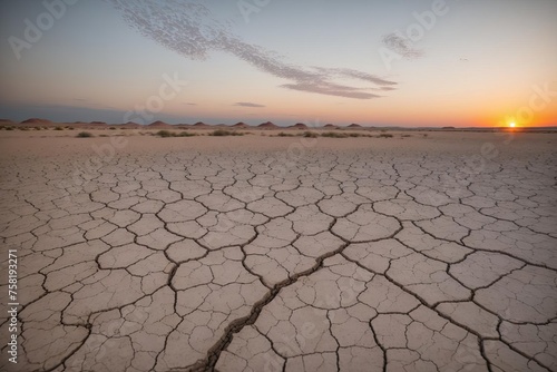 Global warming concept. Oceans drought cracked landscape on colorful sunset sky.