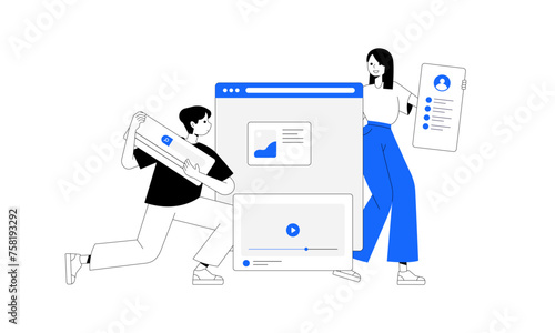 Set of UI and UX designers creating functional web interface design for websites and mobile apps. Digital wireframing process concept. Colored flat vector illustration isolated on white background