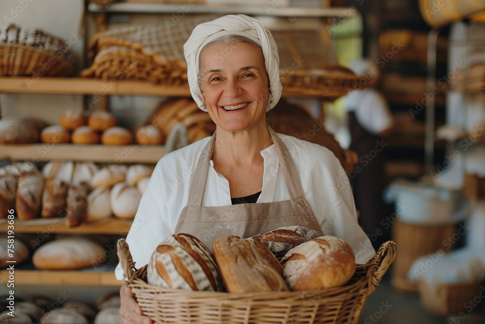 Happy attractive mature female baker holding basket of bread, working at her bakery store. Middle aged female entrepreneur selling homemade bread.