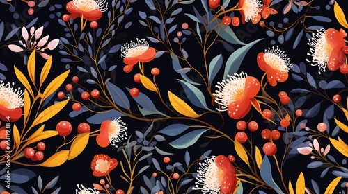 create an australian eucalyptus floral pattern with wildflowers and red flowers