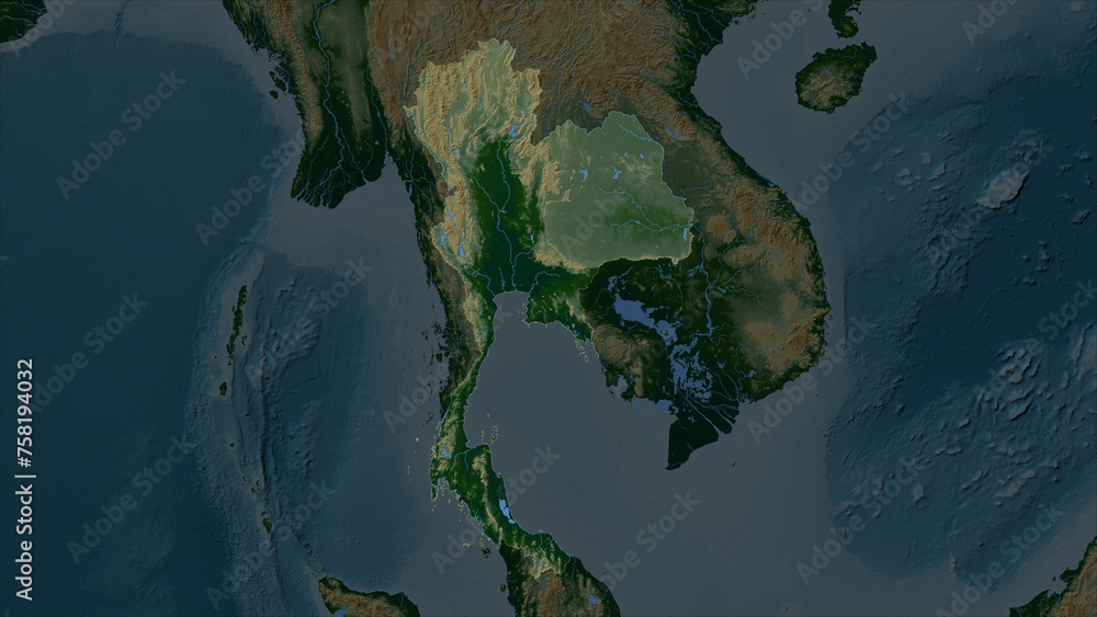 Thailand highlighted. Physical elevation map