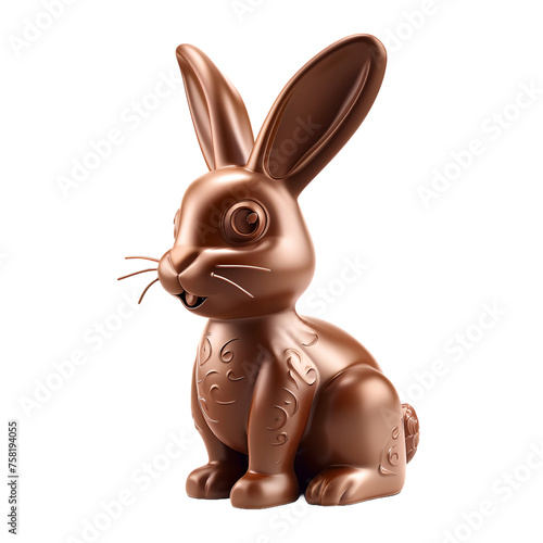 Chocolate Easter rabbit is sitting on its haunches. The rabbit is brown and has a cute, cuddly appearance. © inspiretta