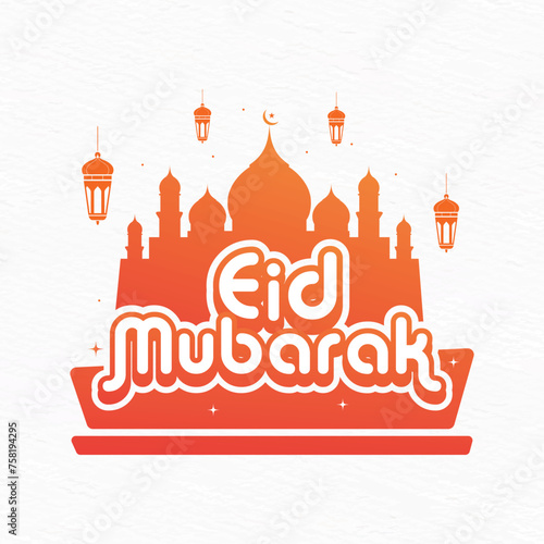 Eid mubarak typography wishing banner with islamic background 
elemets, mosque, lamp, stars and moon
