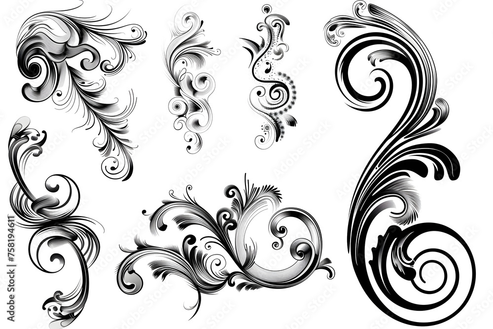 Elegant Black and White Swirl Patterns Collection - Isolated on White Transparent Background

