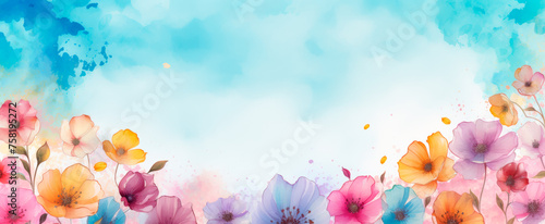 Vibrant watercolor flowers border a serene blue sky, symbolizing spring's renewal and peace, natural escape