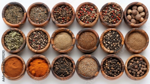 Vibrant spice palette with assorted spices in artistic bowls, culinary inspiration