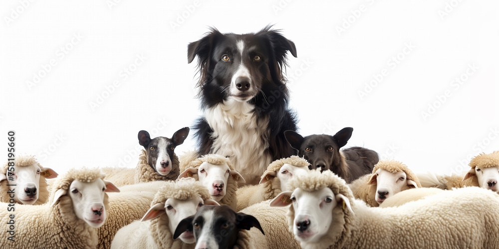 border collie herding sheep on white isolate background. border collie herding sheep on white isolate background.