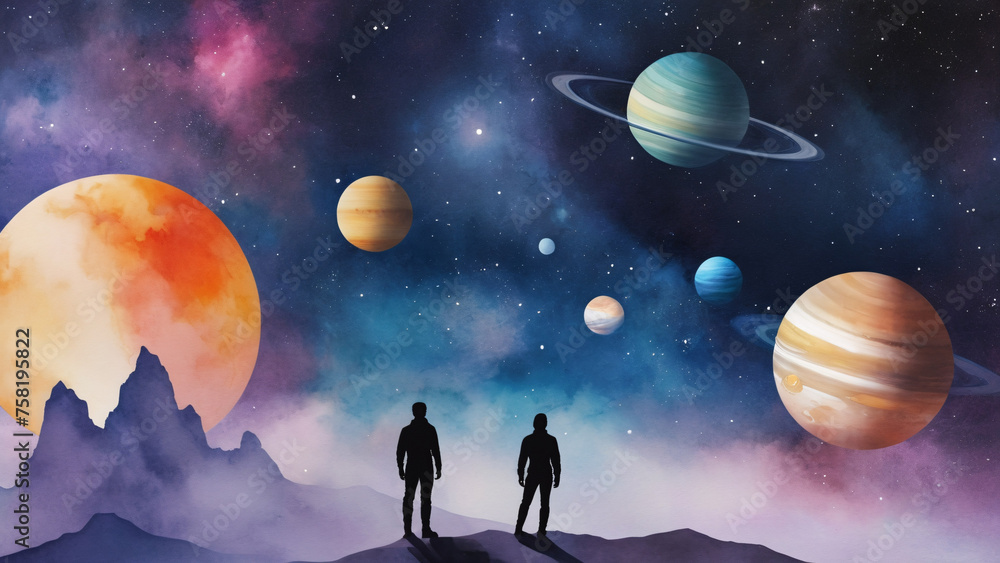 Conceptual image of two men looking at the planets of the solar system. watercolor illustration.