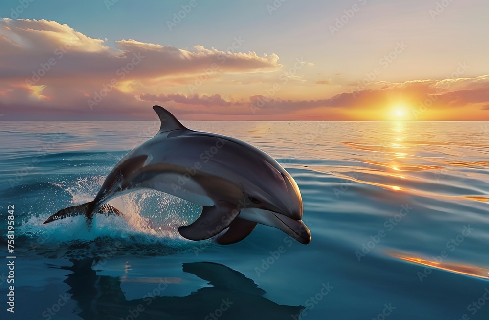 Dolphin Grace: Gliding in Open Ocean Serenity at Sunset. Generative AI.