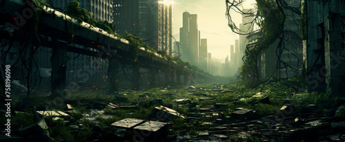 Overgrown cityscape post-cataclysm, nature reclaiming ruins with vibrant greenery Abandoned, serene yet haunting Contrast of urban decay and thriving flora, under a hazy sunlight