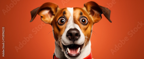 Wide-eyed, surprised dog with flapping ears against an orange background, conveying amusement and shock © Andrei
