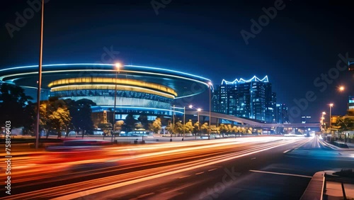 the light trails on the modern building background in shanghai china, Night cityscape with buildings and roads in Beijing city, long exposure photo, AI Generated photo