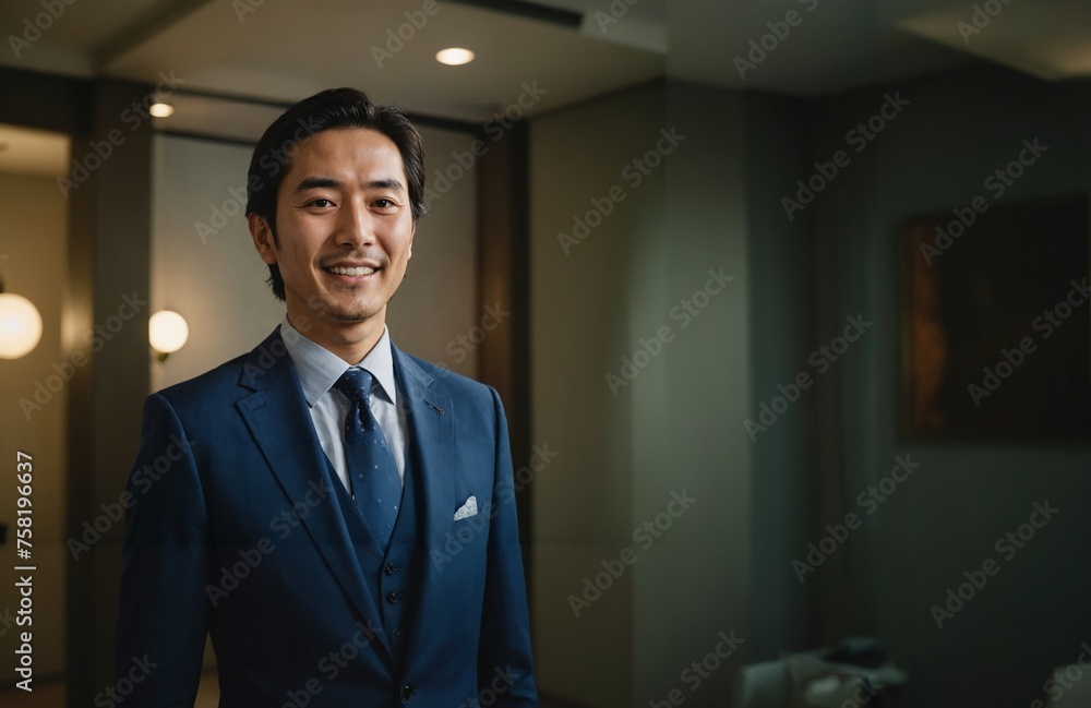 Portrait of smiling Japanese businessman in a blue suit inside a modern office Portrait of smiling Japanese businessman in a blue suit inside a modern office