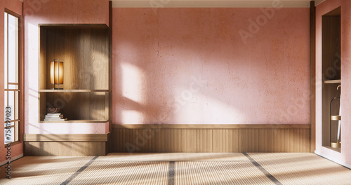 Shelf wall room zen style and decoraion wooden design, earth tone. photo