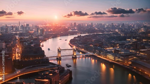 London skyline with Tower Bridge at dusk, England, United Kingdom, Panoramic view on London and Thames at twilight, from Tower Brid, AI Generated photo