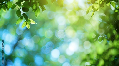 World environment day concept: tranquil abstract blur of lush greenery against serene blue sky, eco-friendly nature backdrop