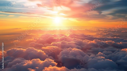 World tourism day: stunning sunset sky above clouds with dramatic lighting - travel and adventure background