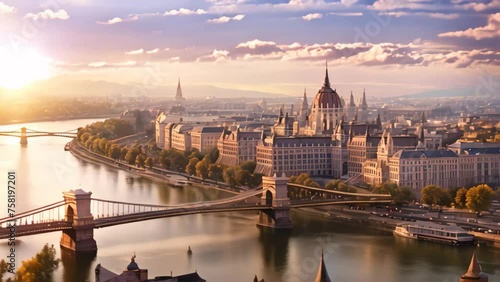 Dramatic sunset over the Danube river in Budapest, Hungary, Panoramic view over the budapest at sunset, AI Generated