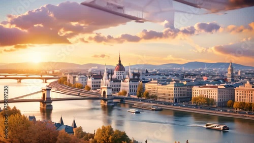 Panoramic view of Budapest at sunset, Hungary. Beautiful cityscape with Danube river, Panoramic view over the budapest at sunset, AI Generated photo