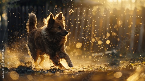 A big, super cute dog, stomping hard on the ground with his hind legs, raising the dust,profile, soft colors,high resolution, sunlight, amazing details,uhd image, fujiyoshitoyo, diamond wire © sania