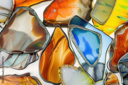 А variety of differently colored glass pieces arranged together. Each piece displays a unique hue, creating a vibrant and diverse composition of abstract forms. photo