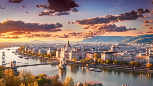Panoramic view of Budapest and Danube river at sunset, Hungary, Panoramic view over the budapest at sunset, AI Generated photo
