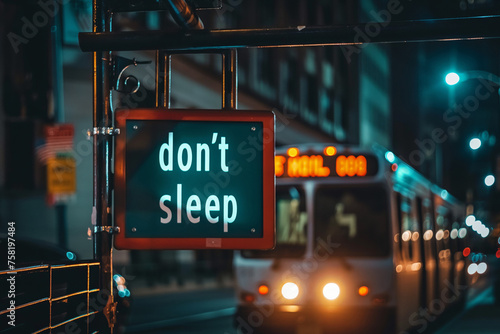 Don't sleep sign on urban street at night with bus approaching