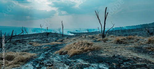 Devastated scorched earth  burnt trees  burnt vegetation and grass