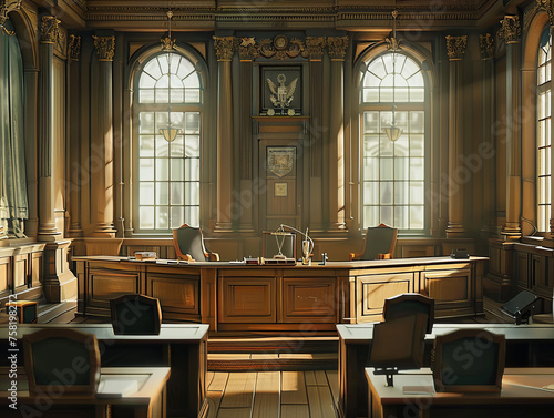 Well-lit, grand courtroom exuding authority with ornate detail and classical architecture, highlighting a judiciary setting