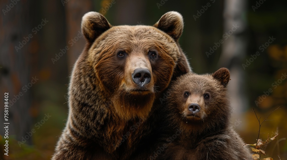 Male bear and cub portrait with space for text on the left and object on the right Male bear and cub portrait with space for text on the left and object on the right