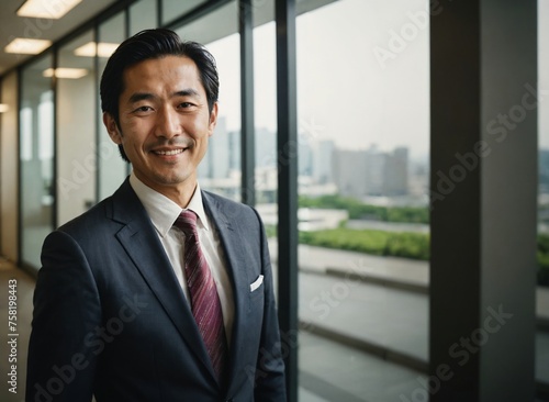 Portrait of smiling Japanese businessman in a blue suit inside a modern office