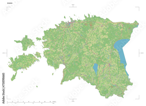 Estonia shape isolated on white. OSM Topographic German style map