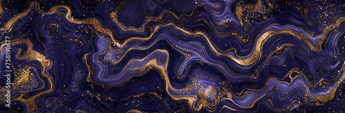 Natural purple and gold marble texture for skin wallpaper, luxurious background for design artwork. Stone alcohol ink art wall panorama with golden waves. Luxury navy gold backdrop for copy space