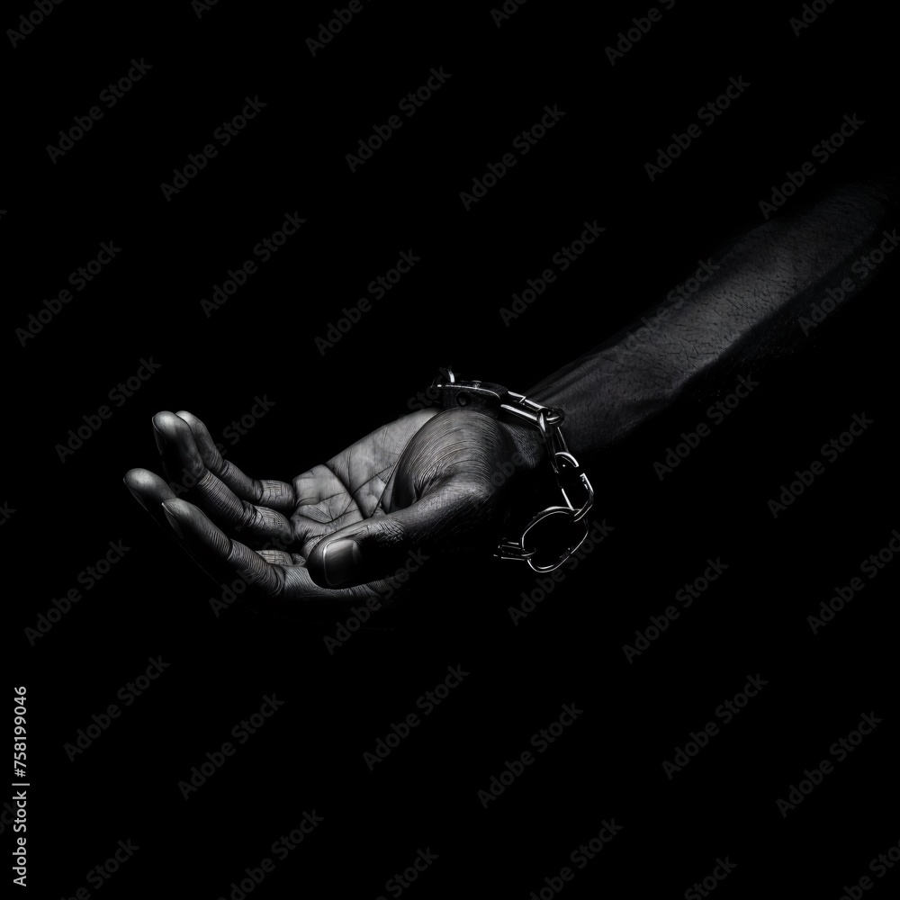 A hand locked in handcuffs, set against a stark black background, symbolizing loss of freedom and the weight of confinement