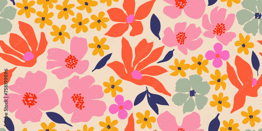 Exotic hand drawn flowers, seamless patterns with floral for fabric, textiles, clothing, wrapping paper, cover, banner, home decor, abstract backgrounds. - obrazy, fototapety, plakaty 