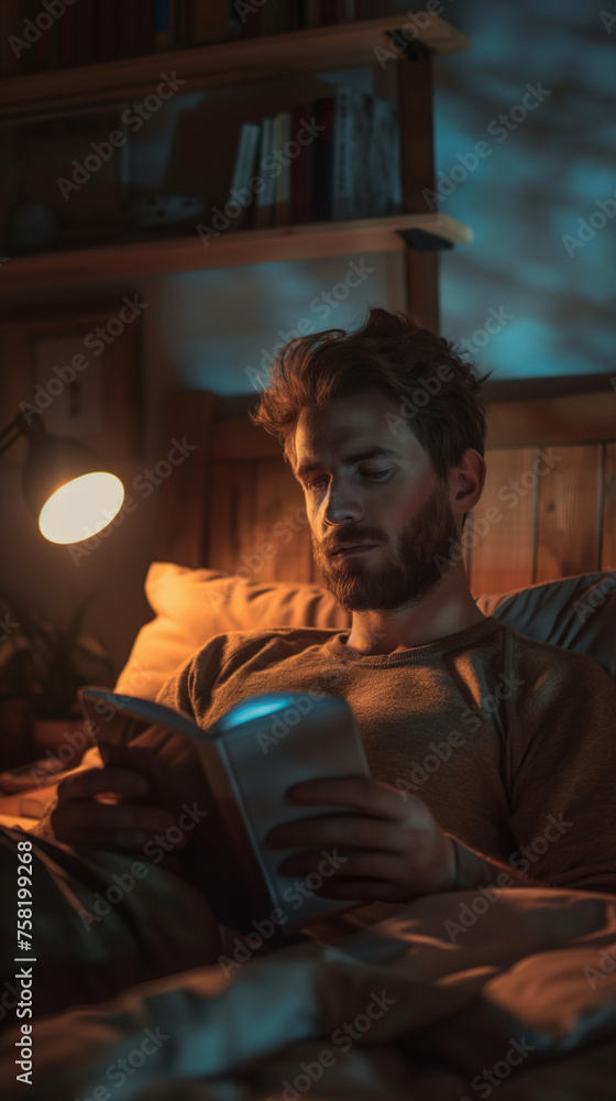 Focused man reading book in cozy bed with warm lamp light at night