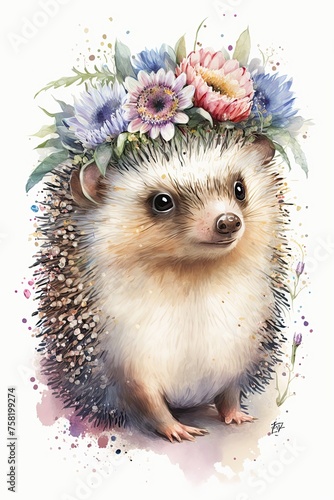 Baby hedgehog in watercolor style on white background. Animal with Flowers colorful Crown. Cute wildlife animal cartoon drawing. Decorative kids background. include 