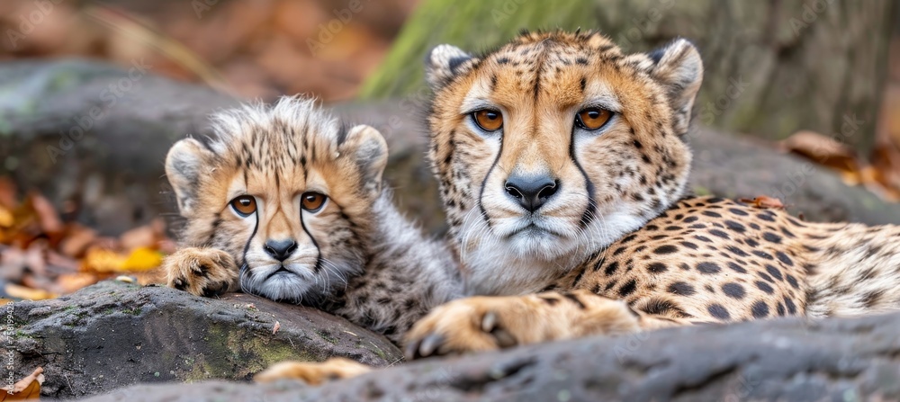 Male cheetah and cub portrait with space for text, object on right side, ideal for adding text Male cheetah and cub portrait with space for text, object on right side, ideal for adding text