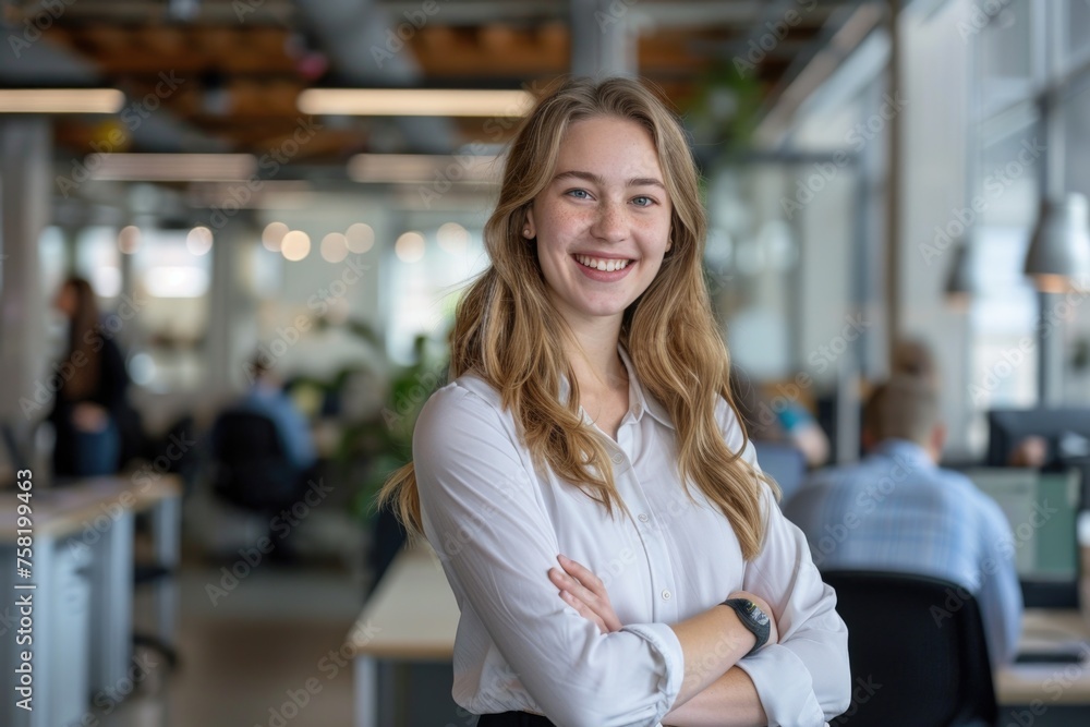 a portrait of a young, smiling white woman in a busy modern workplace.