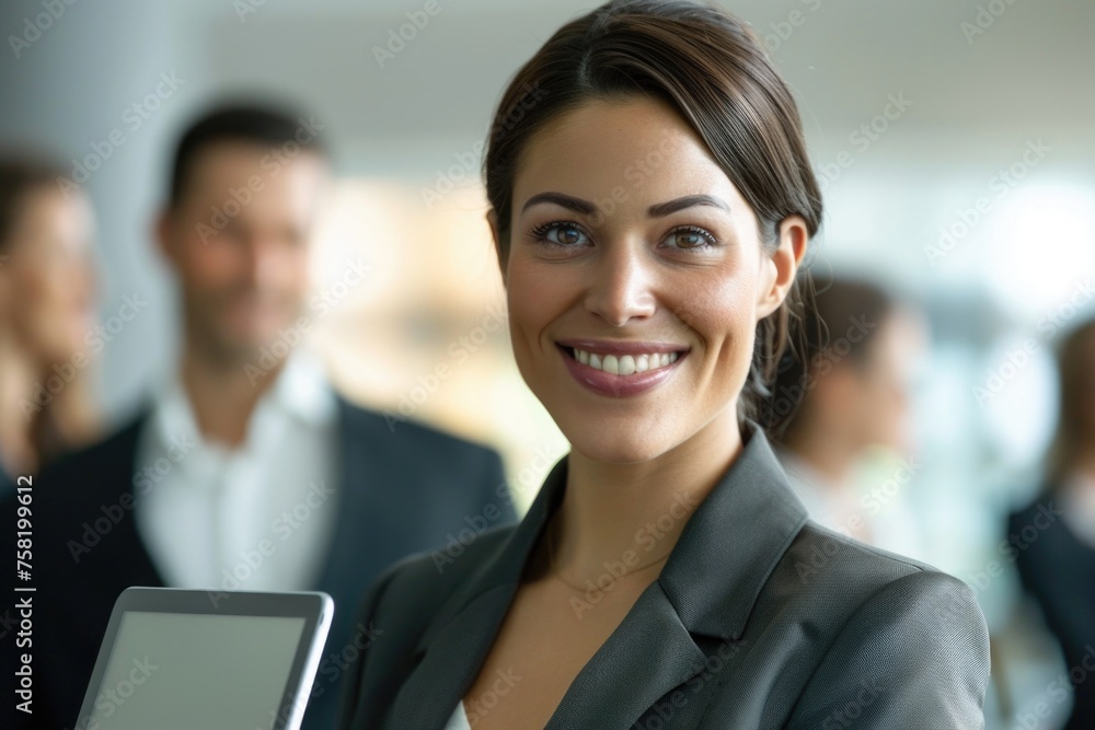 A modern businesswoman is holding a tablet computer, smiling at the camera, with a colleague in the background.