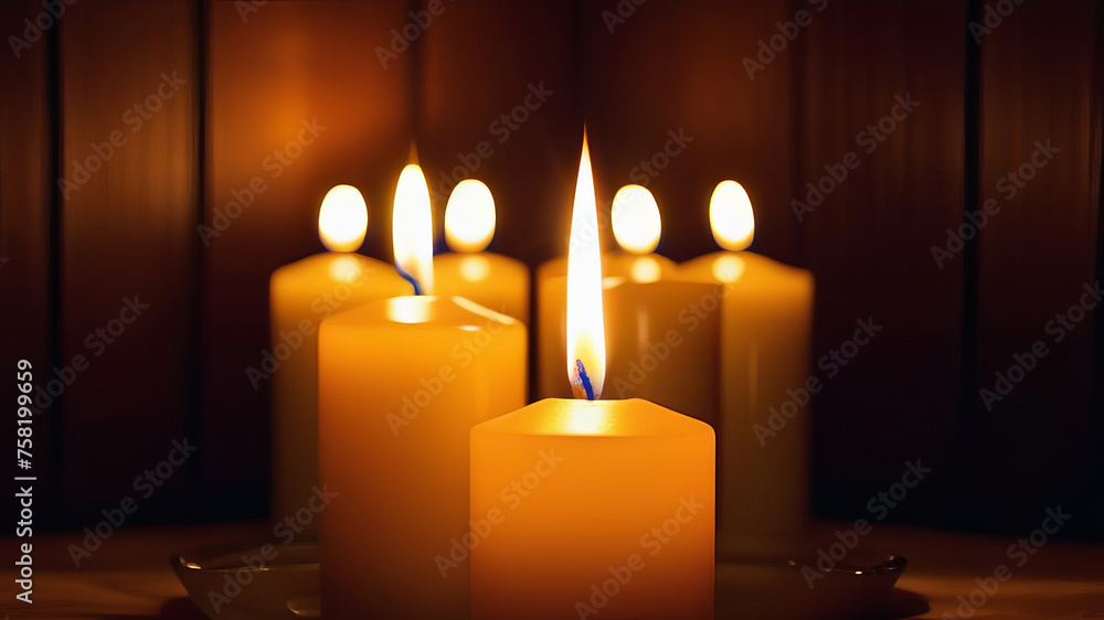 Burning candles on black background, close up. Memory day. Space for text Burning candles on black background, close up. Memory day. Space for text