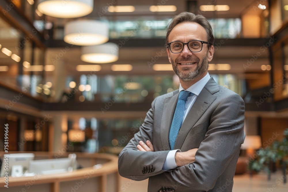 A smiling bank manager stands in a modern building with crossed arms, exuding a welcoming and warm personality A smiling bank manager stands in a modern building with crossed arms, exuding a welcoming and warm personality