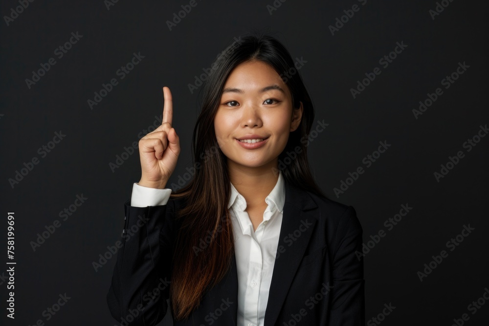 An Asian businesswoman pointing upwards, looking at the camera with a smile, which could indicate optimism or sharing a new idea An Asian businesswoman pointing upwards, looking at the camera with a smile, which could indicate optimism or sharing a new idea